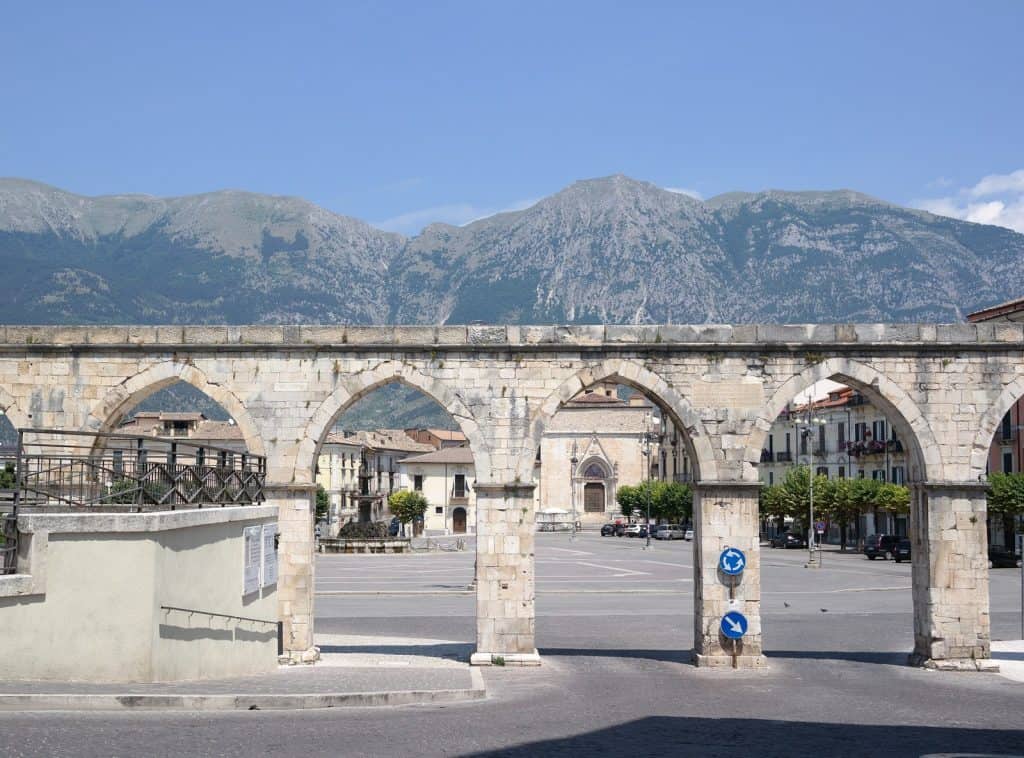 Piazza Garibaldi in Sulmona through the medieval aqueduct